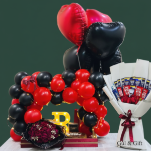 Birthday Balloon Basket with Alphabet Light, Roses & Chocolate Bouquet