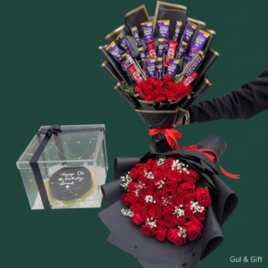 Chocolate Bouquet, Roses & Black Birthday Cake Combo
