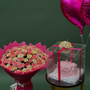 Grand Rose Bouquet & Pink Heart Cake Combo with Balloons