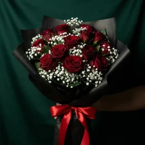 Red Roses & Baby's Breath — Black Kraft Wrap